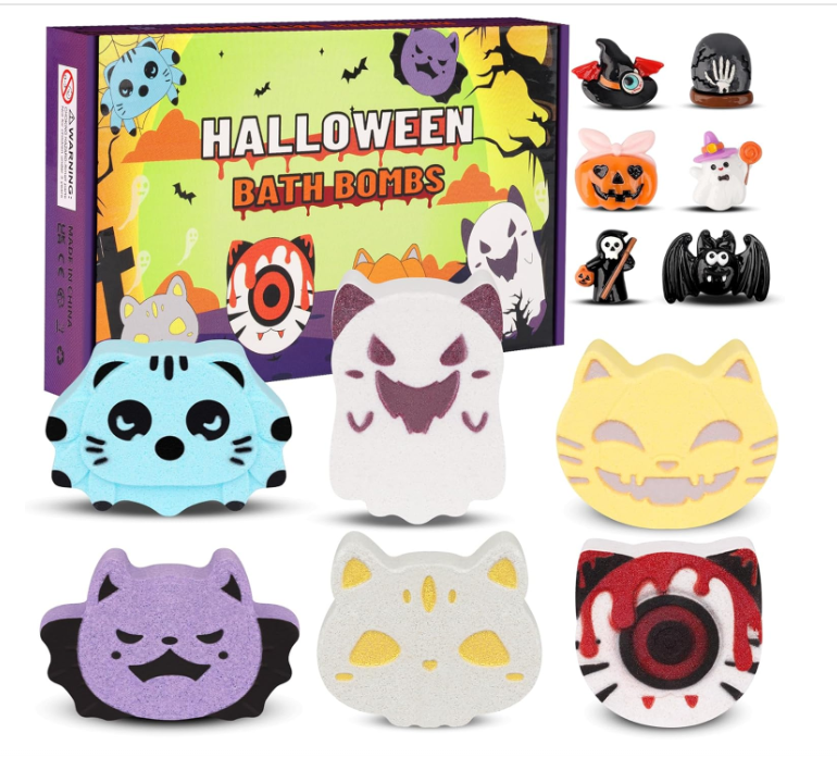 Halloween Bath Bombs for Kids,6 Pack Bubble Bath Bombs with Toys Inside,Halloween Spooky,Spider,Bat,Cat Shape Bath Bomb,Halloween Gifts for Kids Boys Girl