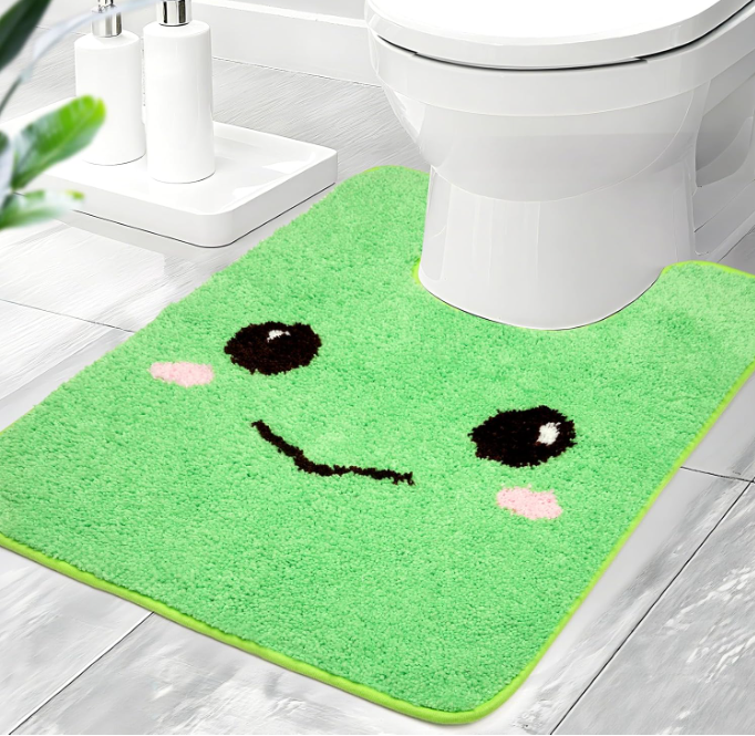 Toilet Rug - Cute Frog Rugs U Shaped Washable,Soft and Absorbent Bath Rug,Non Slip Toilet Bath Mat,Bathroom Contour Rug for Toilet Base(Green, 24" x 20")