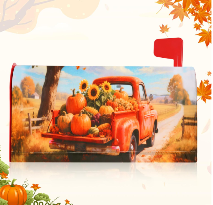 Fall Autumn Mailbox Covers Magnetic Standard Size 21x18 Inch Harvest Pumpkin Truck, Thanksgiving Mailbox Post Decoration Cover for Letter Box Cover Outside Decor