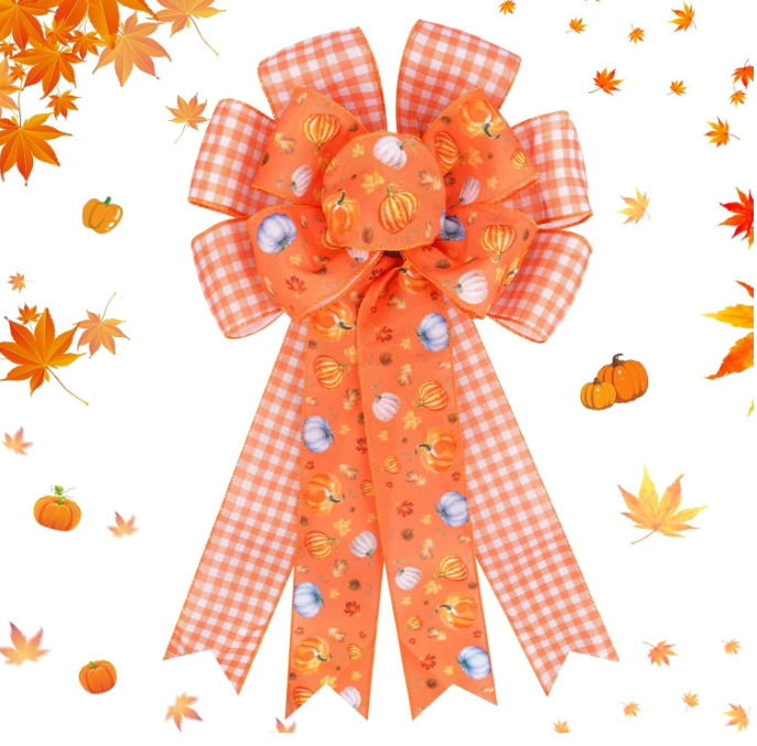 Thanksgiving Wreath Bow, Orange Purple Bow Pumpkin Burlap Bows for Wreaths，Fall Thanksgiving Decorations for Tree Topper, Outdoor, Indooe