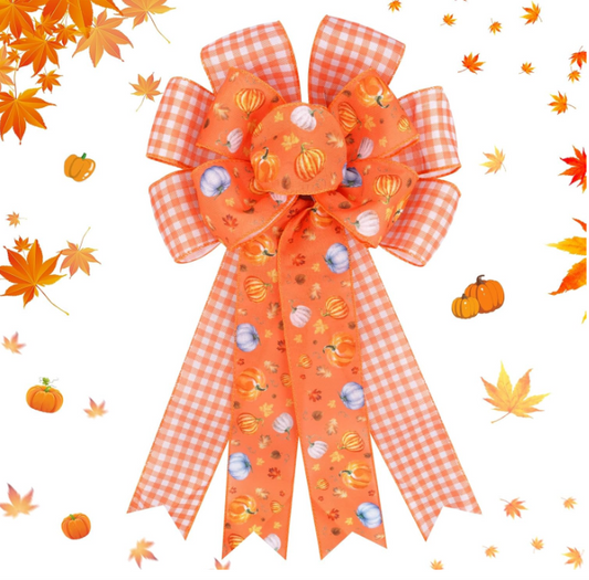 Thanksgiving Wreath Bow, Orange Purple Bow Pumpkin Burlap Bows for Wreaths,Fall Thanksgiving Decorations for Tree Topper, Outdoor, Indooe