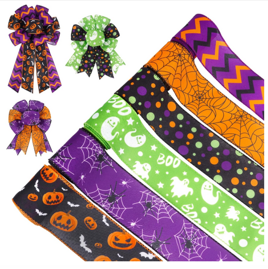 Halloween Wired Ribbon,Halloween Decorations Gifts,Pumpkin and Cobweb Wired Edge Ribbon for Hand Craft Bow Tie Wreath Floral Gift Box Wrapping,30 Yards