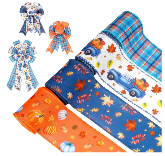 Fall Wired Ribbon,4 Rolls Thanksgiving Day Pumpkin Maple Leaves Fabric Ribbon,Orange and Brown Plaids Craft for Bow Making Wreath Floral Gift Box Wrapping,20 Yards