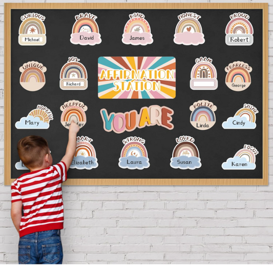 JIAJEGTGT Affirmation Station Classroom,Positive Affirmations Wall Decor for School Office Home,Motivational Posters with Rainbow Design & Write-Your-Name Cards (22pcs)