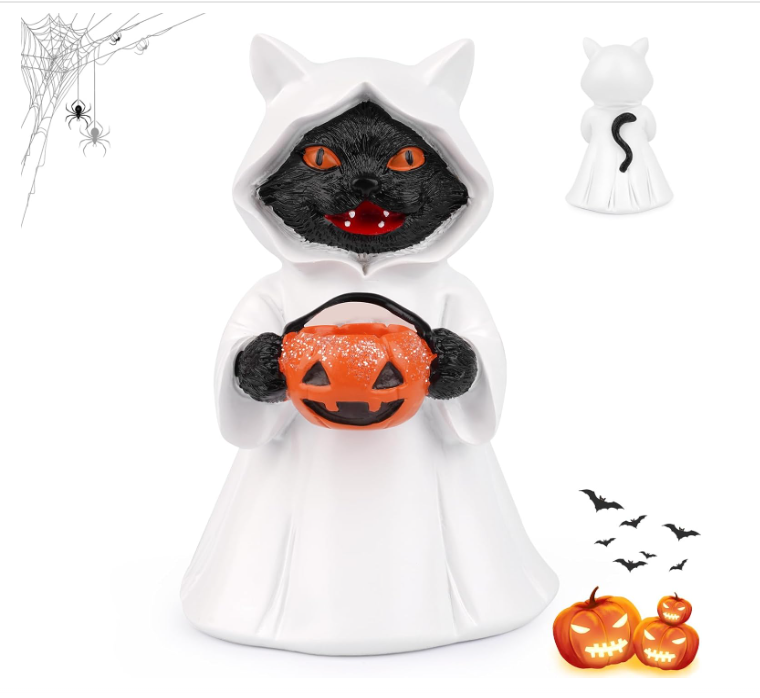 Halloween Ghost Figurine, Spooky Cat Resin Statue, Cute Ghost Figurine Ornaments, Funny Decoration with Pumpkin, Statue Indoor Decor Gifts for Halloween Home Decoration