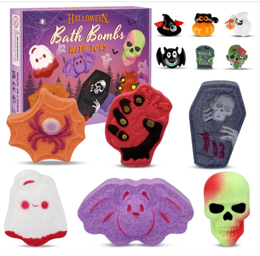 Bath Bombs for Kids,6PCS Halloween Bath Bombs with Toys Inside,Ghost Witch Skull Spider Scented Bubble with Surprise Inside,Halloween Party Favors Bulk Trick or Treat Gifts for Kids