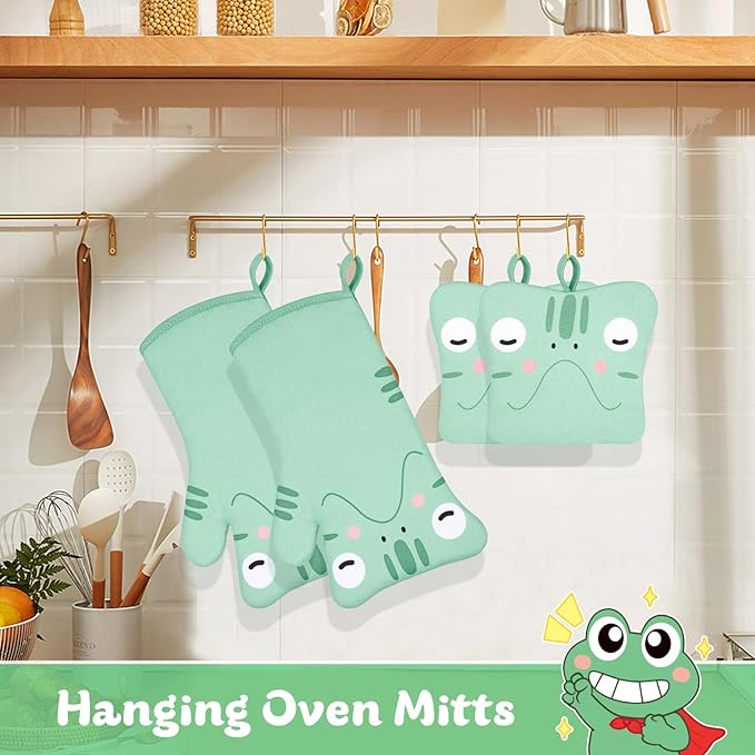 Oven Mitts and Pot Holders 4 Pcs Set,Frog Oven Mitts,Heat Resistant Long Oven Gloves and Potholder with Cotton Hanging Loop,Cute Cooking Gloves for Cooking Baking (Green)