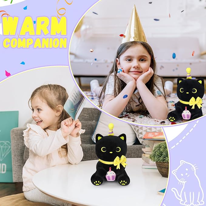Black Cat Plush Toys, 8" Kawaii Cat Stuffed Animal, Cute Happy Birthday Black Cat Plushies, Soft Stuffed Cat Birthday Plush Doll Gift for Kids Christmas Birthday