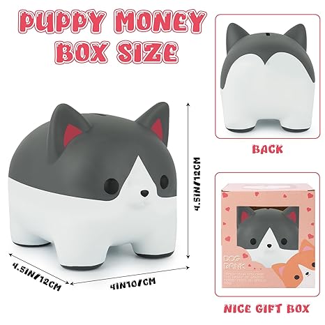 Piggy Bank for Kids, Corgi Piggy Bank for Boys Money Saving Box, Unbreakable Piggy Bank Girls Coin Bank, Dog Piggy Bank Puppy Money Bank Gift for Kids Adults Birthday（Grey）