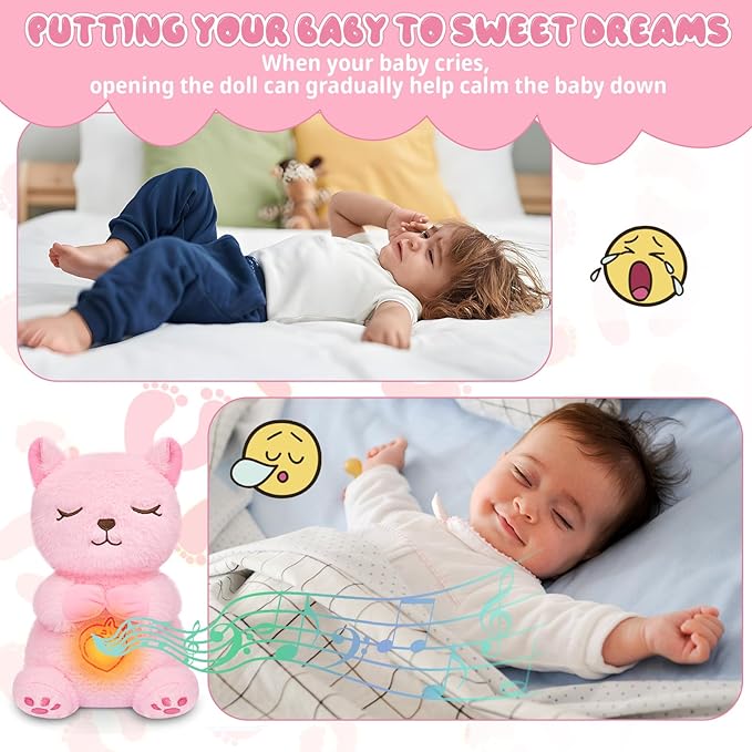 Breathing Stuffed Animal,Pink Cat Plush Baby Toy, Soothing Stuffed Animal for Anxiety Kids, Sound Machine with Music Lights & Breathing Motion for Newborns