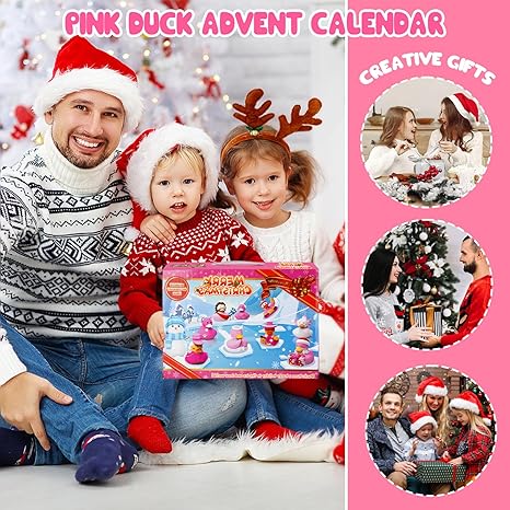 Advent Calendar 2024 Rubber Ducks, 24 Pcs Pink Christmas Ducks Countdown Toys, 24 Days of Christmas Rubber Duck Set, Bath Toys Fun Xmas Gift for Kids Boys Girls, Christmas Party Favors