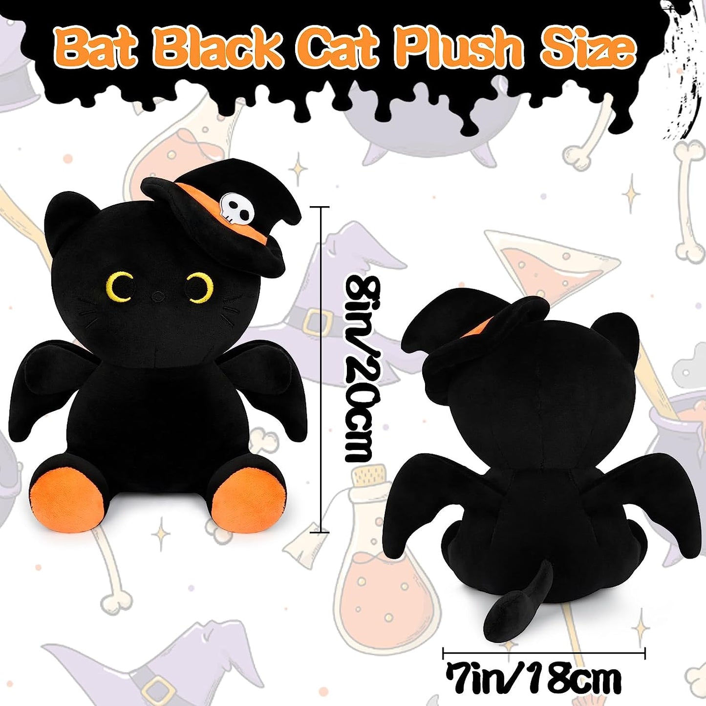 Peluche de gato negro de Halloween, gato negro con sombrero, lindo murciélago negro juguetes de muñeca de peluche, regalos de decoración de Halloween para niños