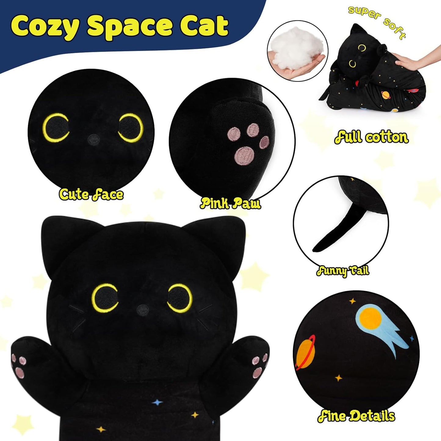 Long Cat Plush Long Cat Body Pillow, 43" Cute Long Cat Stuffed Animals，Soft Kawaii Long Cat Plushie, Black Cat Plush Long Space Cat Pillow Stuffed Cat Toys for Kids Birthday