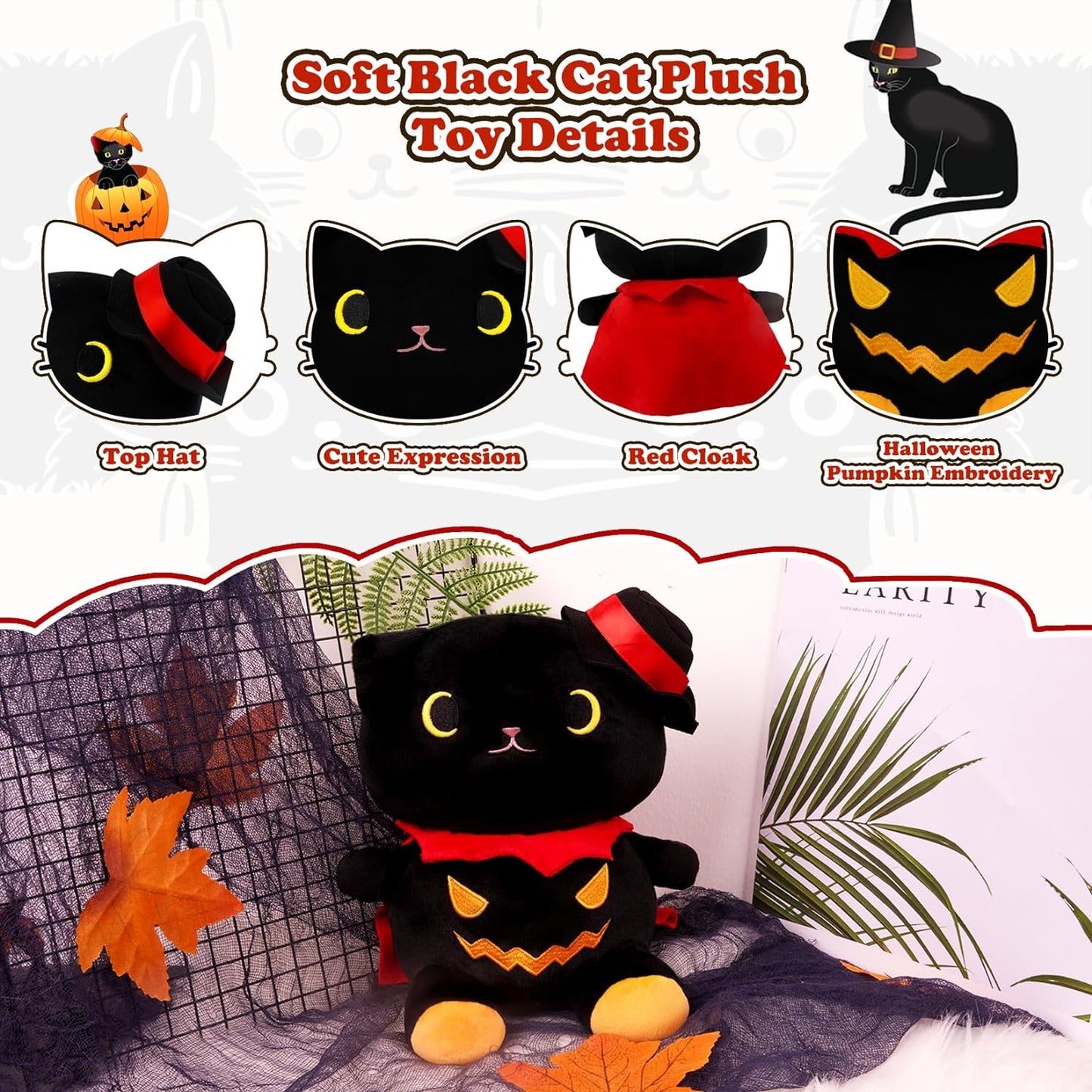 Halloween Plush Black Cat Stuffed Animal Toy, Cute Black Cat Plushie Pillow Soft Cat Stuffed Doll for Boys Girls, Kawaii Halloween Decoration…