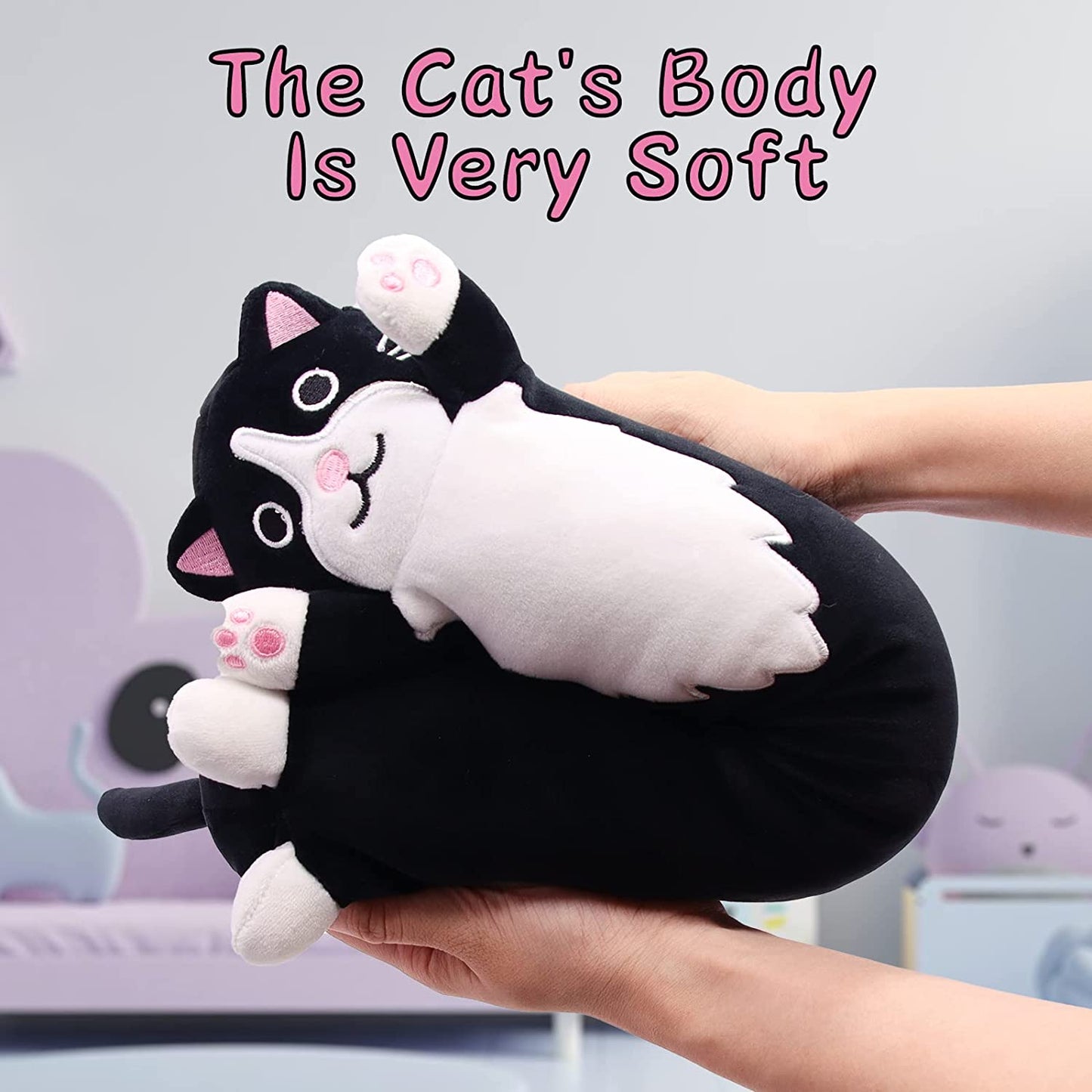 Long Cat Plush Black Long Cat Body Toys, Cute Long Cat Stuffed Animals Cat Plushie, Soft Long Plush Black Cat Doll Kawaii Stuffed Cat Plush Toys for Kids Birthday Christmas