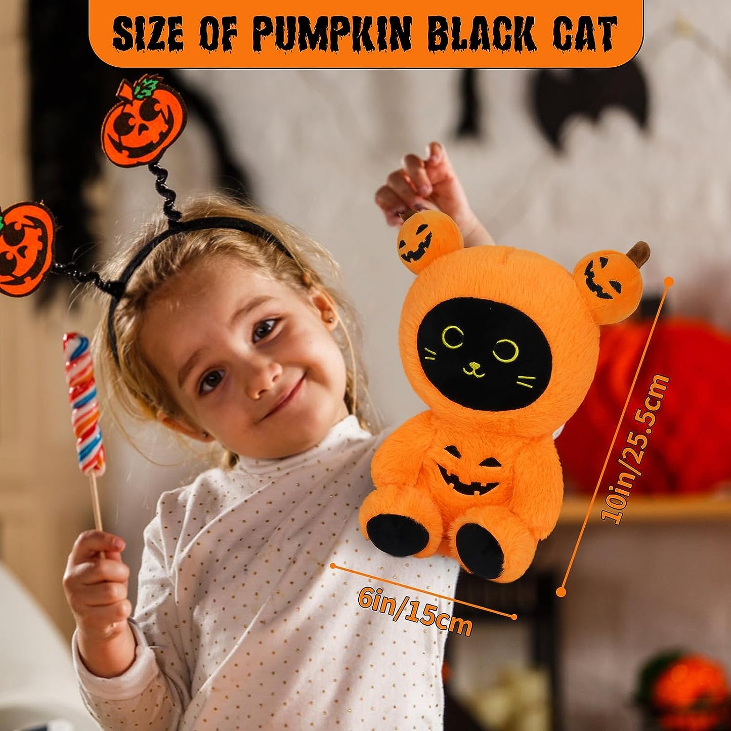 Pumpkin Plush Cat Stuffed Animals, Halloween Black Cat Plushie Cat Plush Pillows, Kawaii Creative Soft Stuffed Cat Toy Halloween Plush Gifts Decorations for Kids Girls Boys