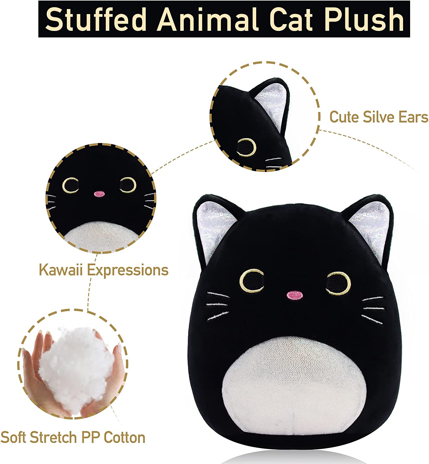 Black Cat Plush Kawaii Plushie, 8'' Cat Stuffed Animals Pillow Cute Silver Ears Black Cat Pillow Plush Toy, Soft Plush Stuffed Cat Doll for Kids Girlfriend Birthday Christmas