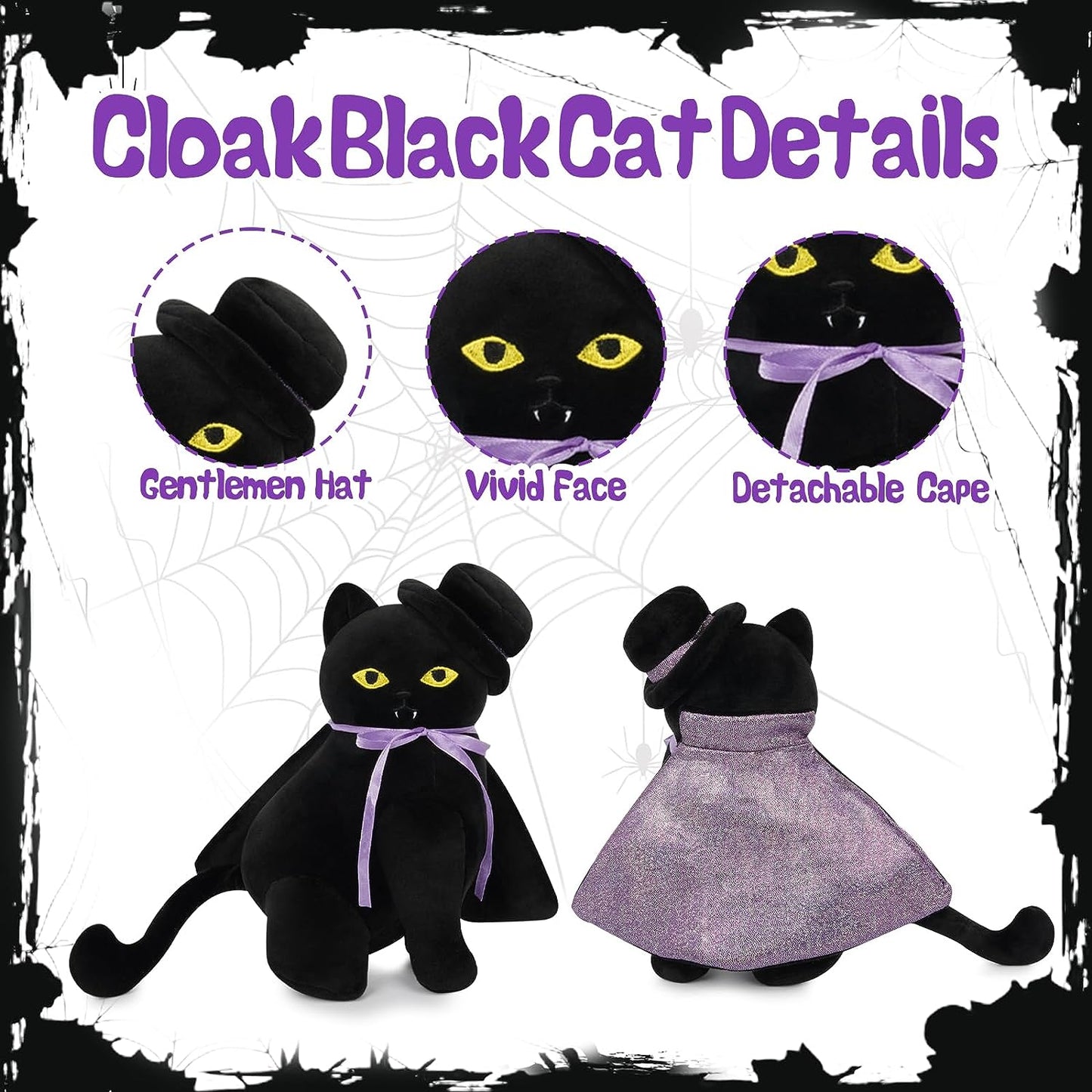 Halloween Black Cat Stuffed Animal - Cute Black Cat Plush with Hat Cloak, Halloween Plush Cat Plushie Halloween Stuffed Cat Toys, Halloween Vampires Cat Plush Doll Decorations