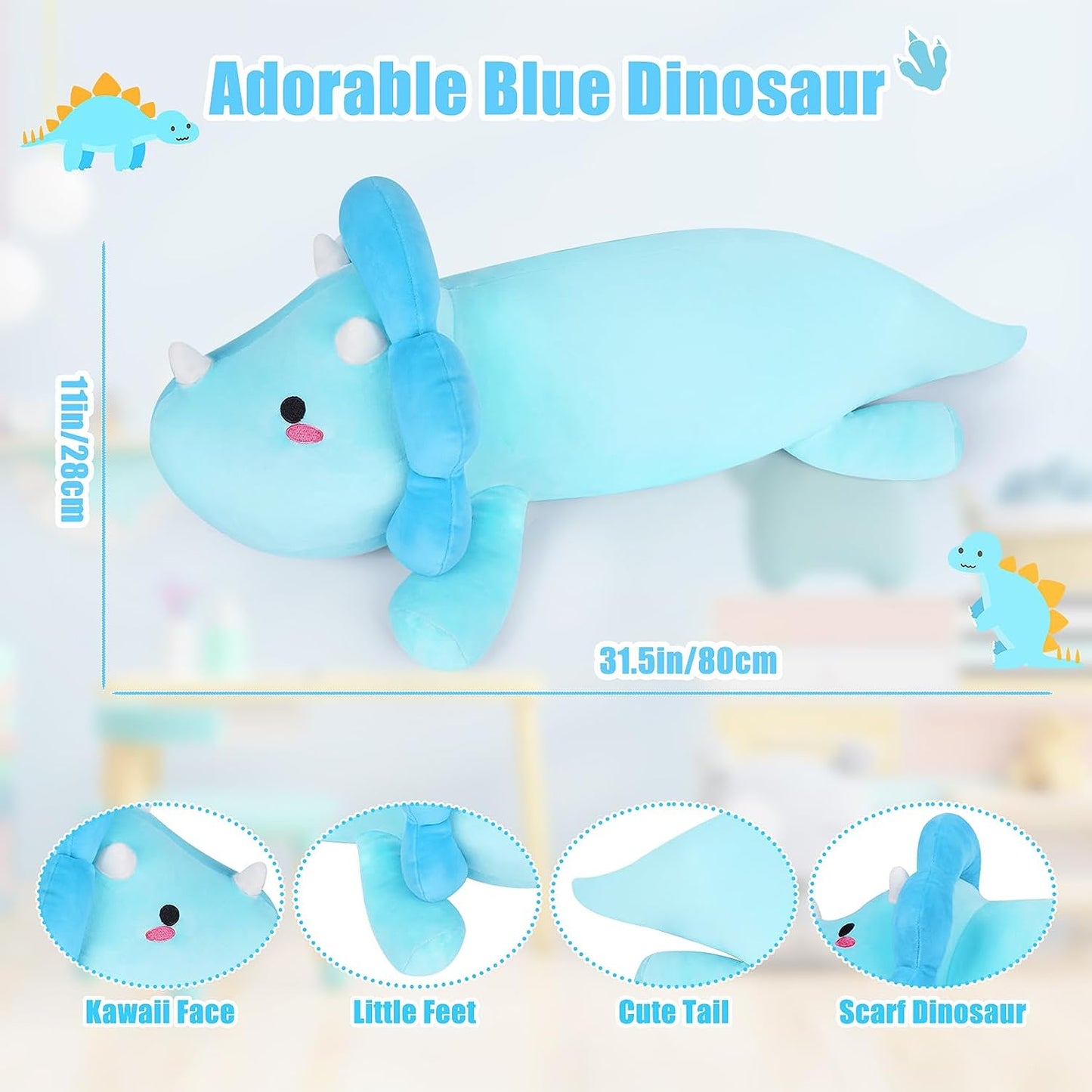 Almohada larga de felpa de dinosaurio, linda almohada de felpa de dinosaurio azul, juguete de peluche de dinosaurio kawaii Marca: Leokawin