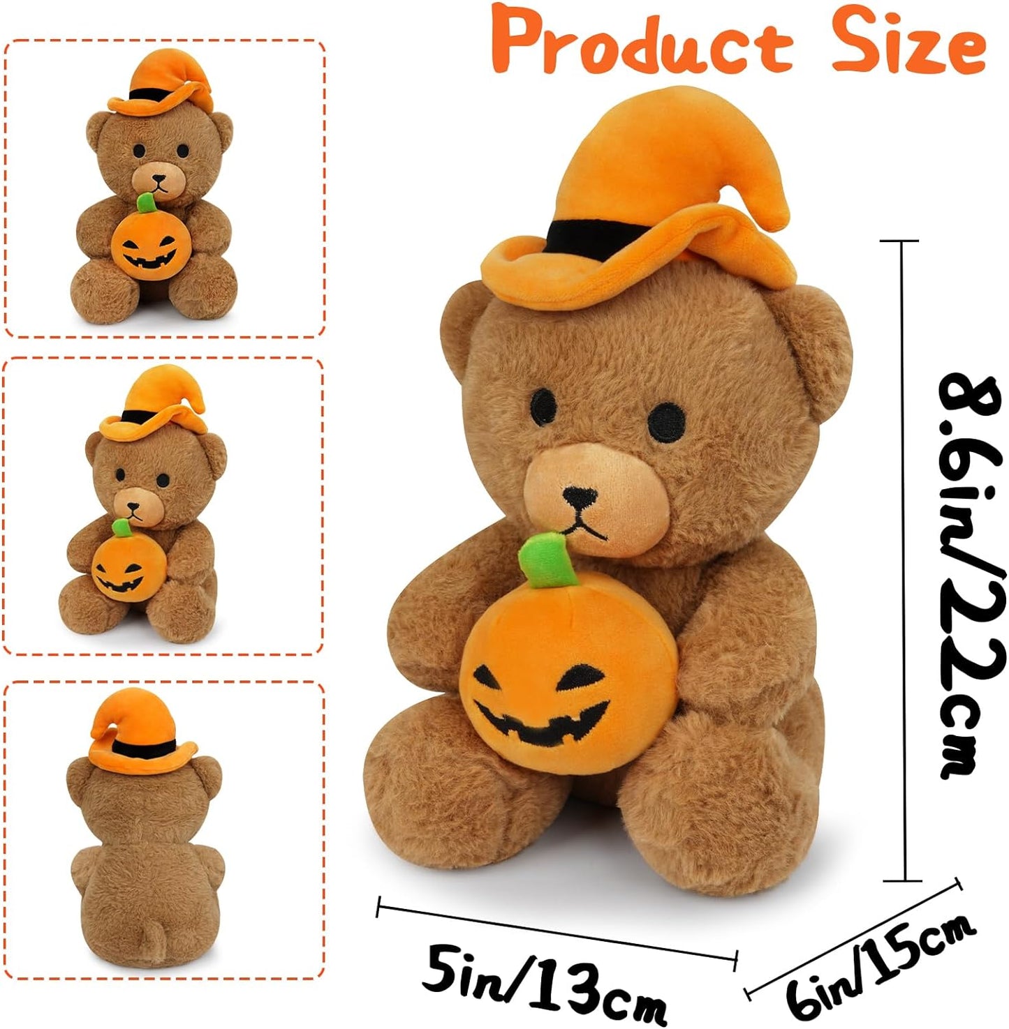 Teddy Bear Stuffed Animal, 8.6 inch Halloween Teddy Bear Hugging Pumpkin, Cute Teddy Bear Plush Toys with Hat, Halloween Decoration Gifts for Adults Children, Brown