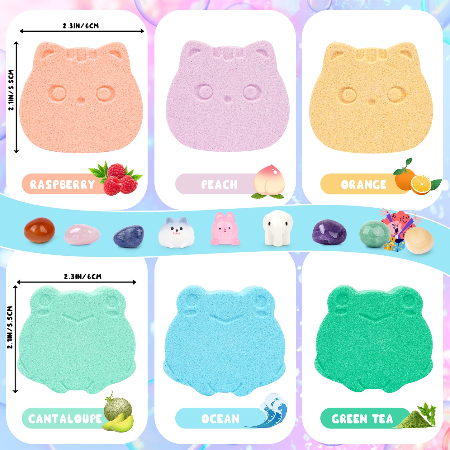 Kids Bath Bombs with Surprise Inside, 6pcs Bath Bombs for Kids with Stones, Crystals and Gemstones, Frog and Cat Shape Kids Bath Bombs Gift Set Kid Toys for Boys and Girls