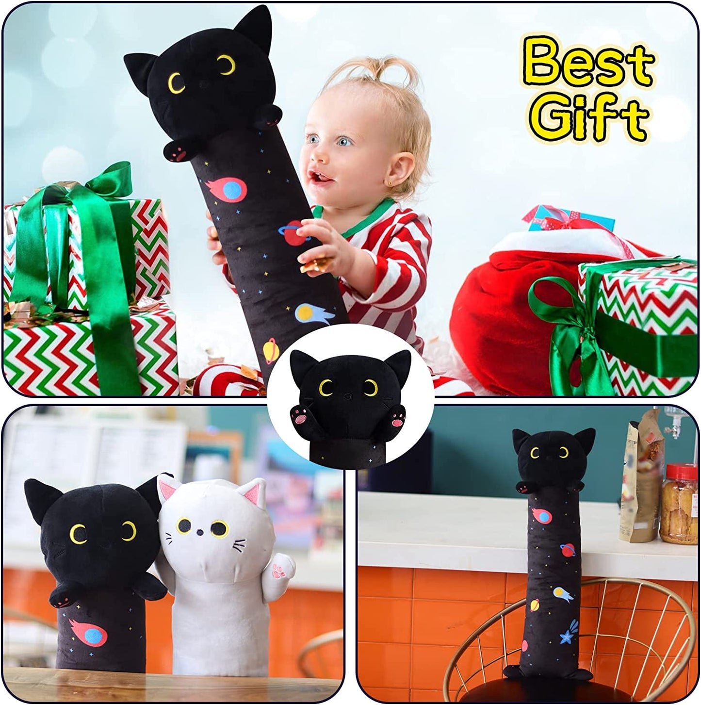 Long Cat Plush Long Cat Body Pillow, 19.5" Cute Long Cat Stuffed Animals，Soft Kawaii Long Cat Plushie, Black Cat Plush Long Space Cat Pillow Stuffed Cat Toys for Kids Birthday