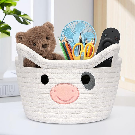Small Cow Woven Baskets, Round Cotton Rope Storage Basket Toy Basket with Handle for Organizing, Cute Baby Basket for Nursery, Gift Basket for Baby Shower, Cat Dog Toy Storage Bins