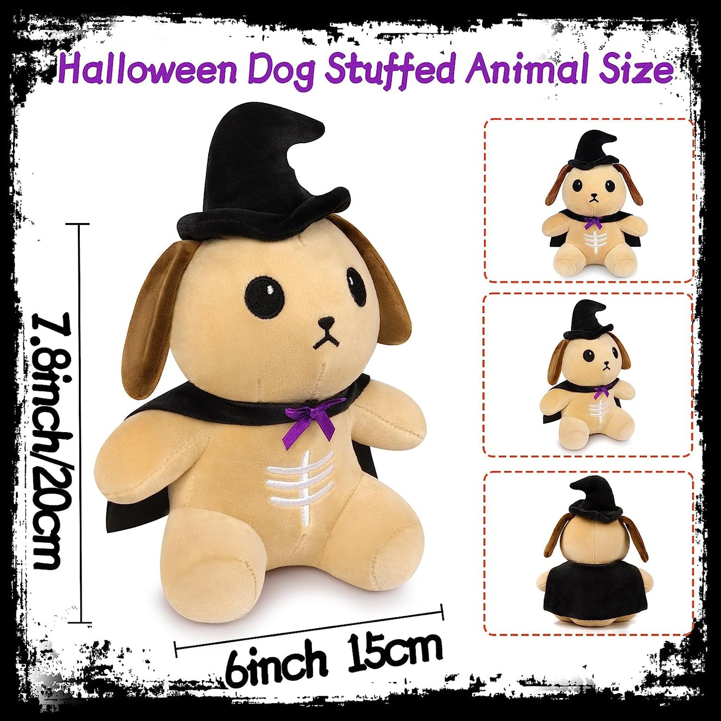 Peluche de perro de Halloween de 8 pulgadas, capa de juguete de peluche para cachorros, linda muñeca de peluche con sombrero de bruja, regalos de decoración de Halloween para niños y niñas