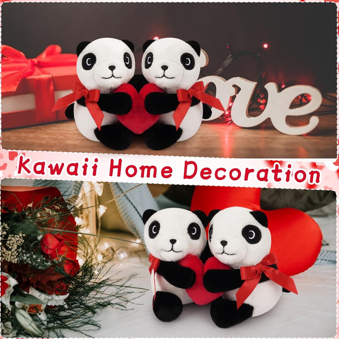 Cute Panda Stuffed Animals with Red Heart, Couple of Panda Plush Toy, Valentines Day Decoration Plush Gift for Kids