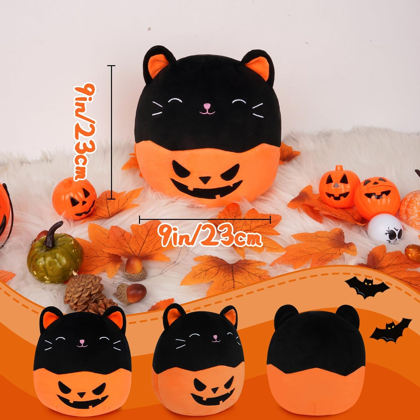 Halloween Plush Pillow Black Cat Plush Cat Stuffed Animals Toy for Kids, Black Pumpkin Cat Plushie for Boys Girls Halloween Decor