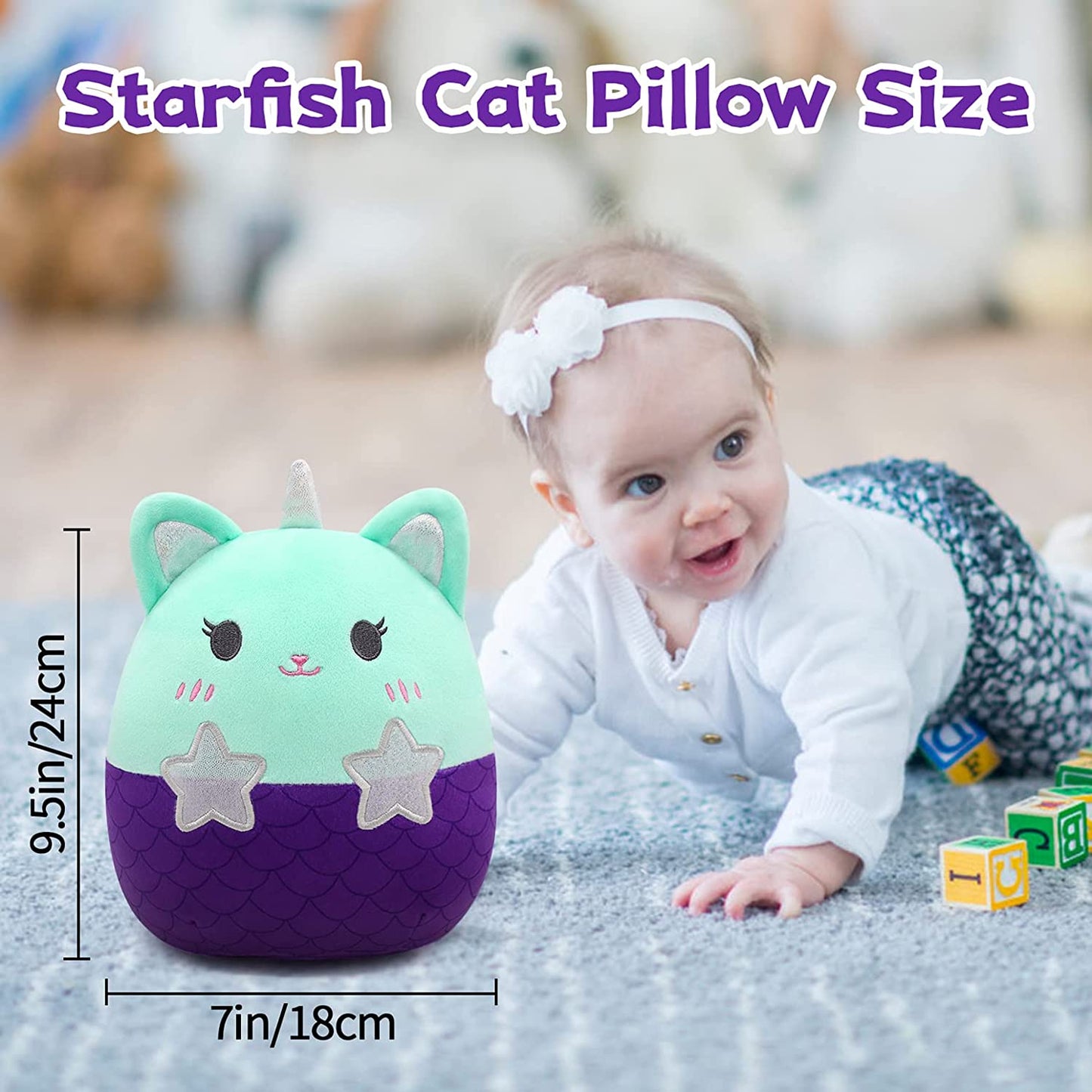 Cat Stuffed Animals Plush Toys, Kawaii Mermaid Plush Cat Pillow, Cute Mermaid Caticorn Plush Doll, Mermaid Plush Toys Purple Caticorn Pillow Gifts for Kids Girls Boys