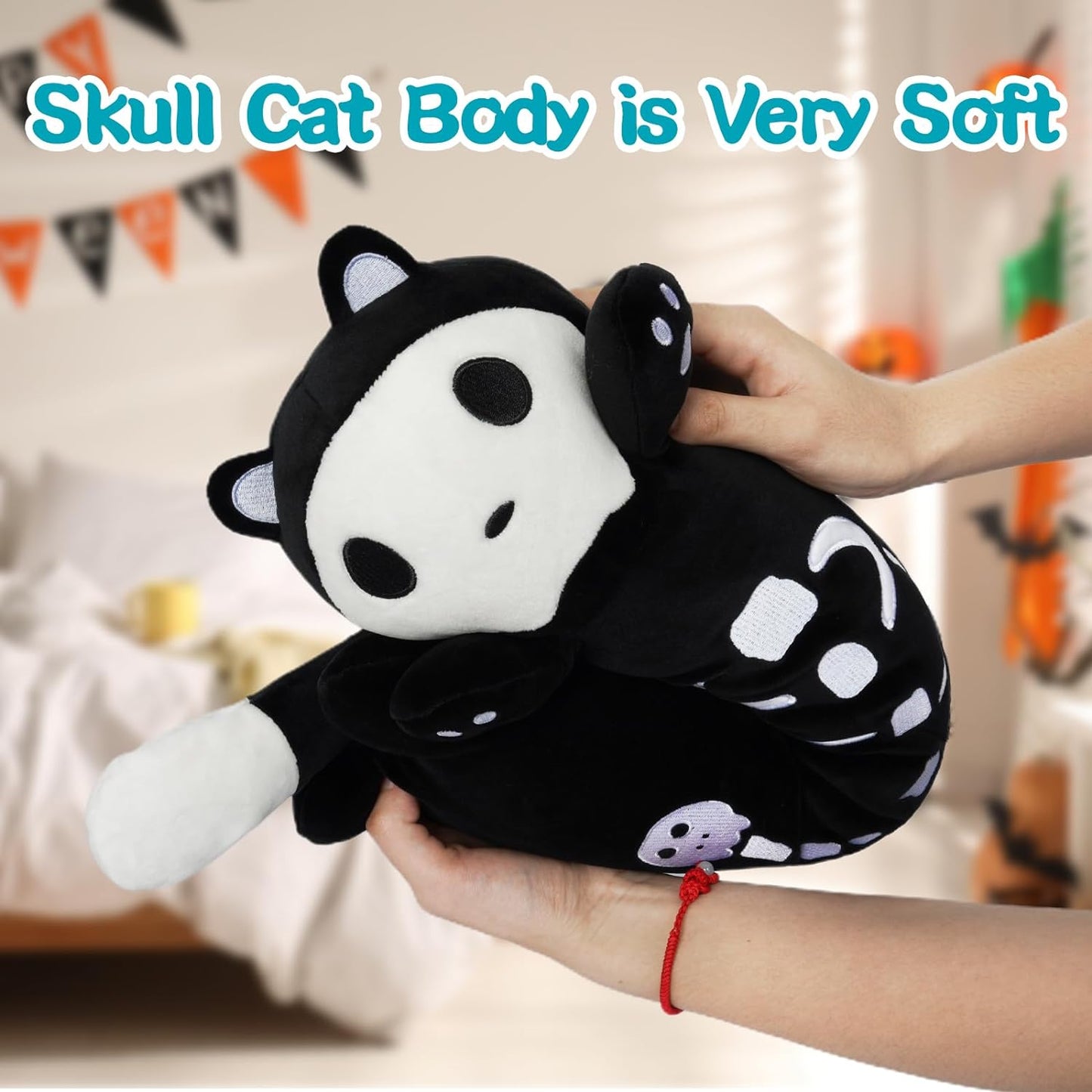 Long Cat Plush Long Plush Body Pillow, Cute Skull Cat Stuffed Animals Soft Long Cat Plushies, Kawaii Cartoon Black Cat Plush Throw Pillow Stuffed Cat Toys Decorations