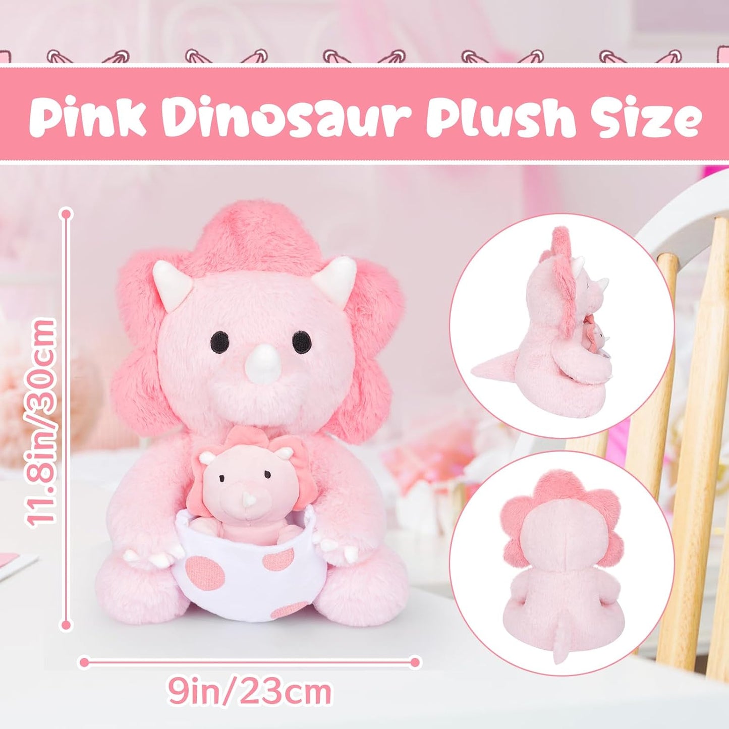 Dinosaur Stuffed Animal,11.8inch Pink Dinosaur Plush with a Baby Dino Plush Girl Dinosaur Toy, Huggable Triceratops Stuffed Animal for Girls,Boys,Birthday