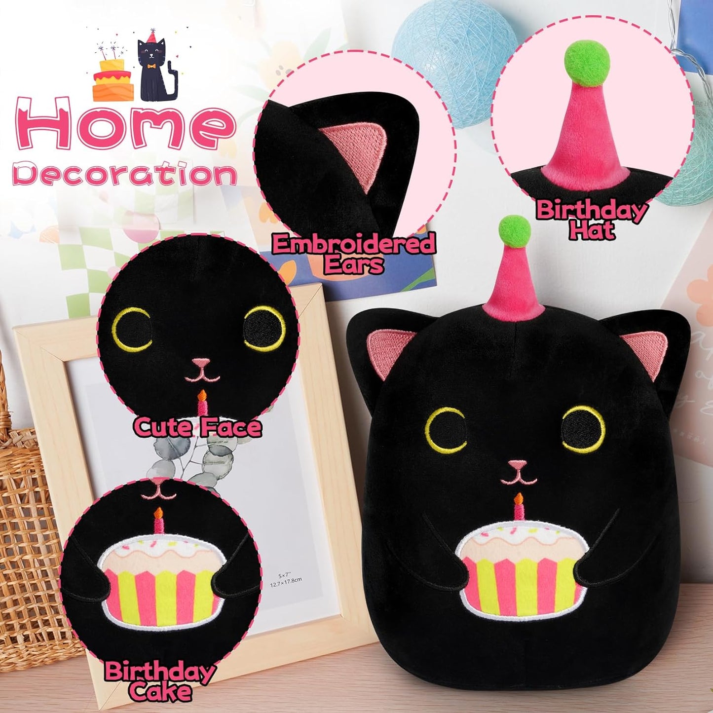 Black Cat Plush, 8 inch Birthday Cat Stuffed Animal Happy Birthday Plush Cute Cat Plush Pillow with Cake, Kawaii Cat Plushie Birthday Plush for Girls, Boys and Cats