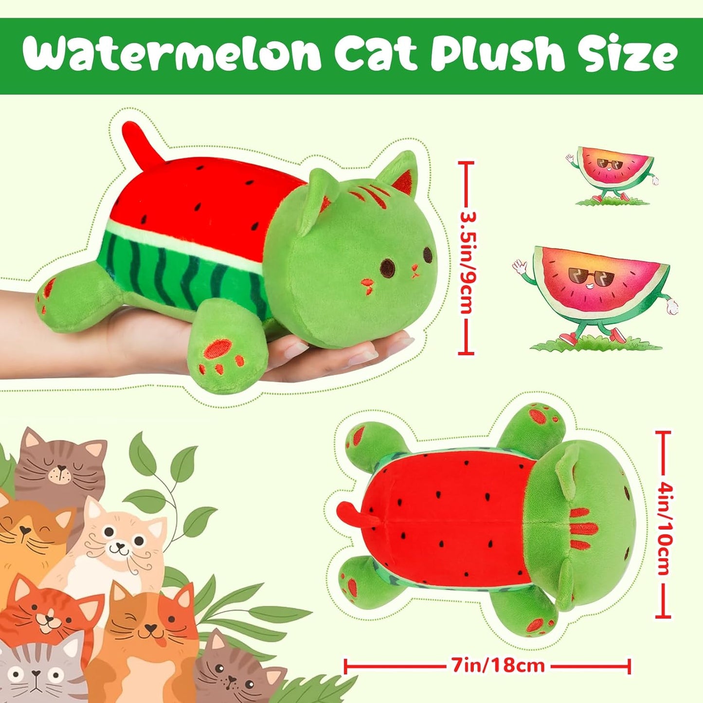 Cat Stuffed Animals,8in Watermelon Cat Plush,Cute Cat Plushies Doll Toy,Watermelon Stuffed Cat Plush,Stuffed Cat Gift for Christmas,Birthday,Halloween