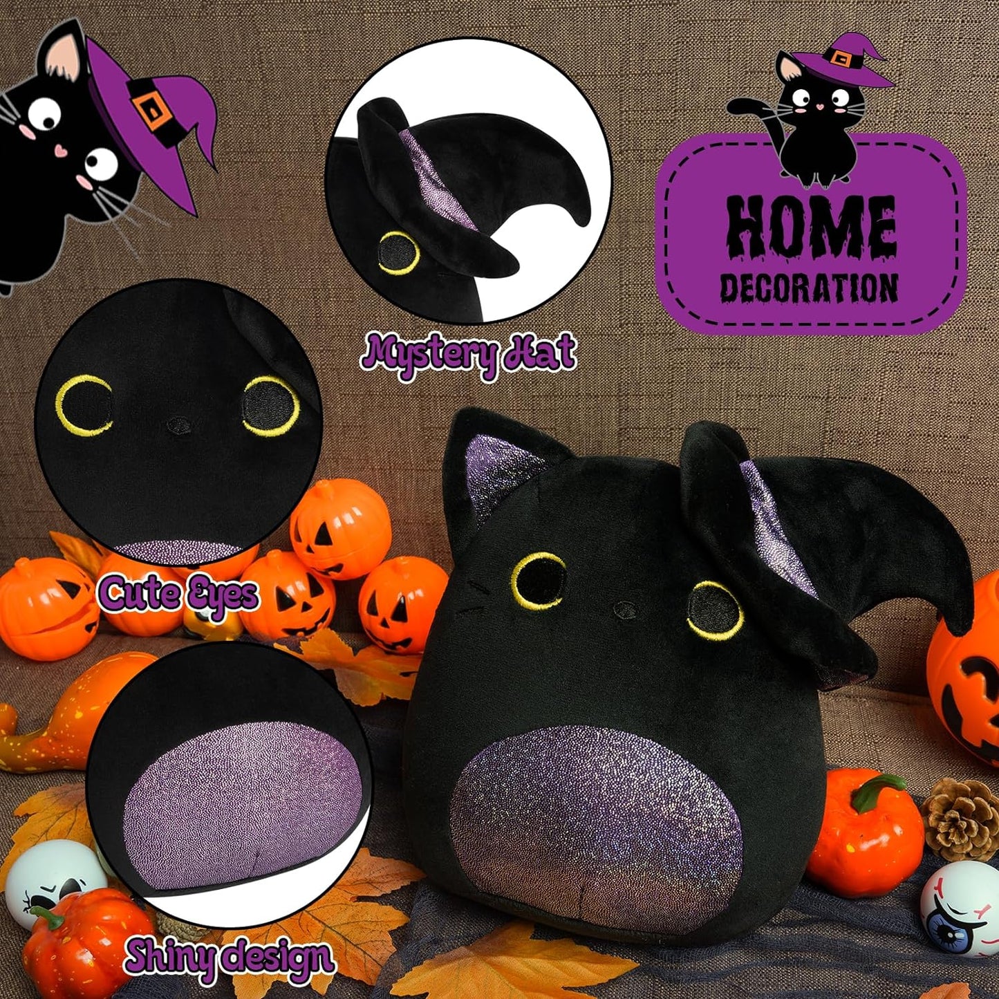 Black Cat Plush, 8IN Halloween Stuffed Animals Cat Doll, Kawaii Black Cat Plushie, Halloween Cat Plush Toy for Kids Boys Girls,Gift for Halloween