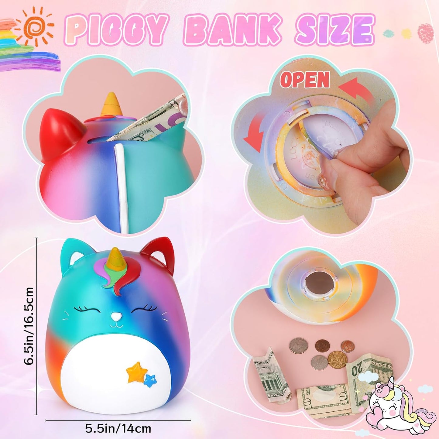 Piggy Bank Girls - Cute Unicorn Piggy Bank, Unicorn Unbreakable Piggy Bank for Kids, 7in Coin Money Bank for Girls, Coin Bank for Kids Toddlers Birthday