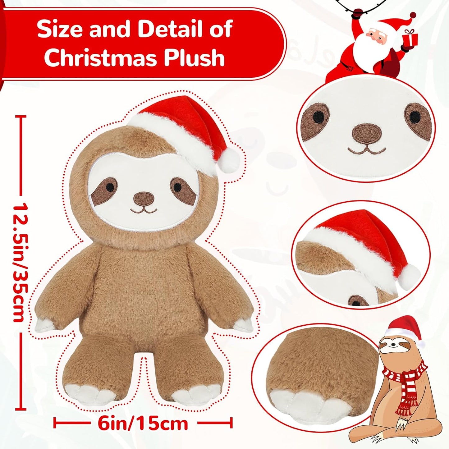 Sloth Stuffed Animal Christmas Plush, Christmas Stuffed Animal Santa Sloth Plush Toys, Cute Stuffed Sloth Pillow, Christmas Sloth Gift for Kids and Adults Christmas Decorations