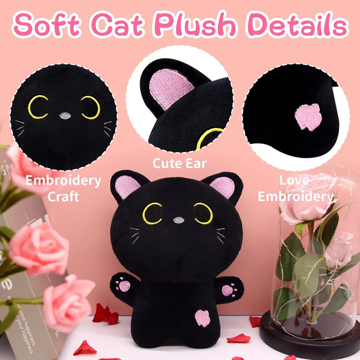 Black Cat Plush Soft Black Cat Stuffed Animal Pillow Toy, Cute Cat Plushie Stuffed Doll Toy for Kids Lover