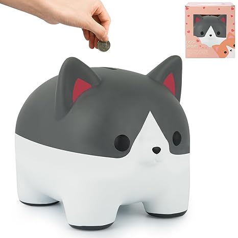 Piggy Bank for Kids, Corgi Piggy Bank for Boys Money Saving Box, Unbreakable Piggy Bank Girls Coin Bank, Dog Piggy Bank Puppy Money Bank Gift for Kids Adults Birthday(Grey)