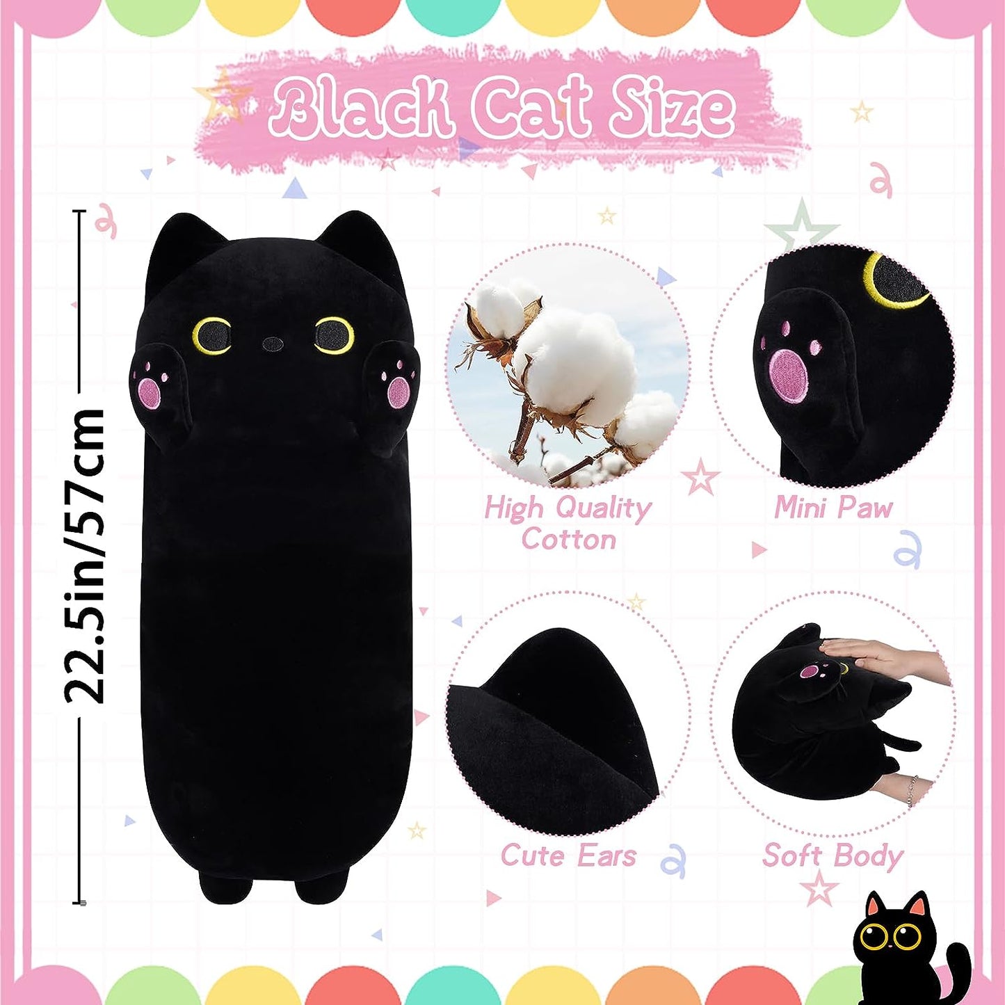 Almohada larga de felpa para gato, 24 pulgadas, lindo animal de peluche de gato negro, peluche de gato largo de dibujos animados, suave gato negro de peluche para niños, cumpleaños, Halloween