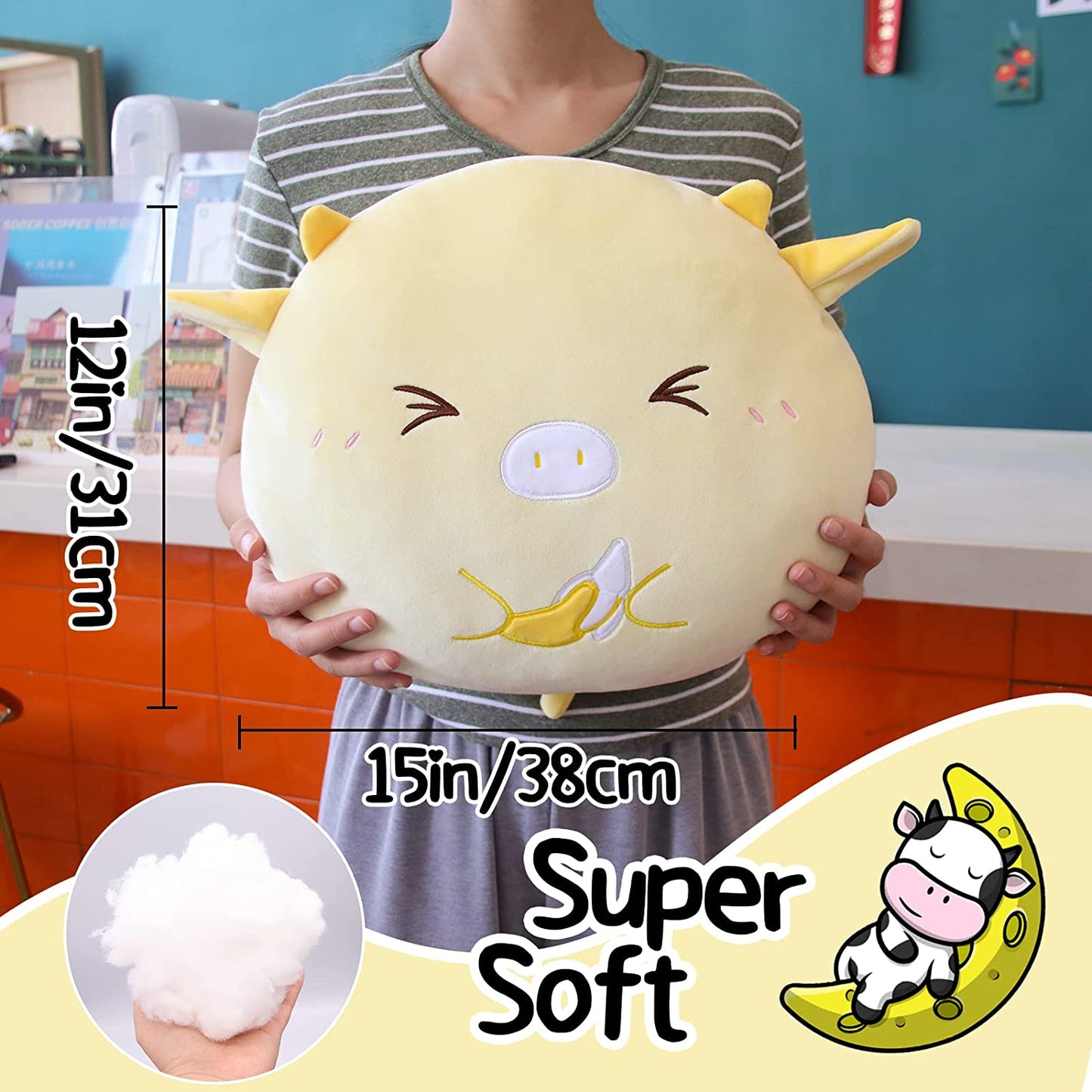 Cow Plush Pillow Cow Stuffed Animals, Cute Stuffed Animal Cow Plushie, Soft Banana Plush Cow Pillow, Kawaii Stuffed Cow Hugging Pillow for Kids Girls Boys Birthday