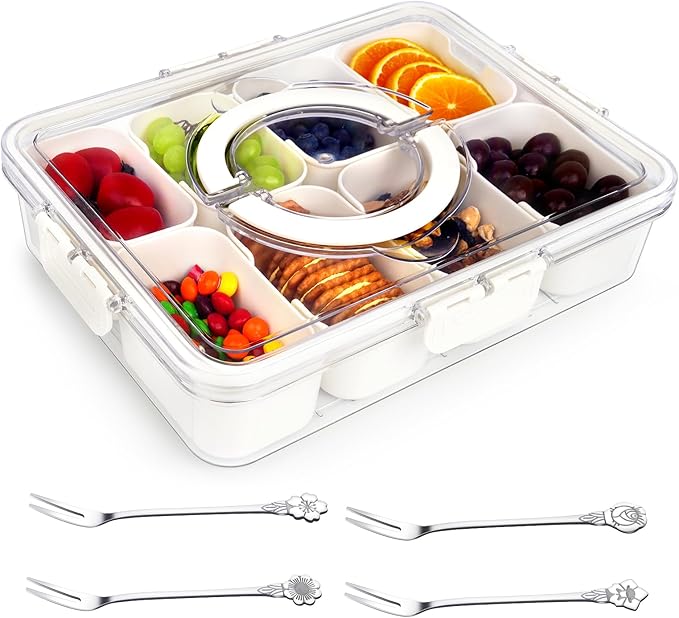 Divided Serving Tray with Lid and Handle, Portable Snackle Box Container, Snack Container, Snack Platters Organizer for Fruit, Veggie Tray, Perfect for Party