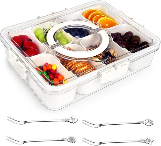 Divided Serving Tray with Lid and Handle, Portable Snackle Box Container, Snack Container, Snack Platters Organizer for Fruit, Veggie Tray, Perfect for Party