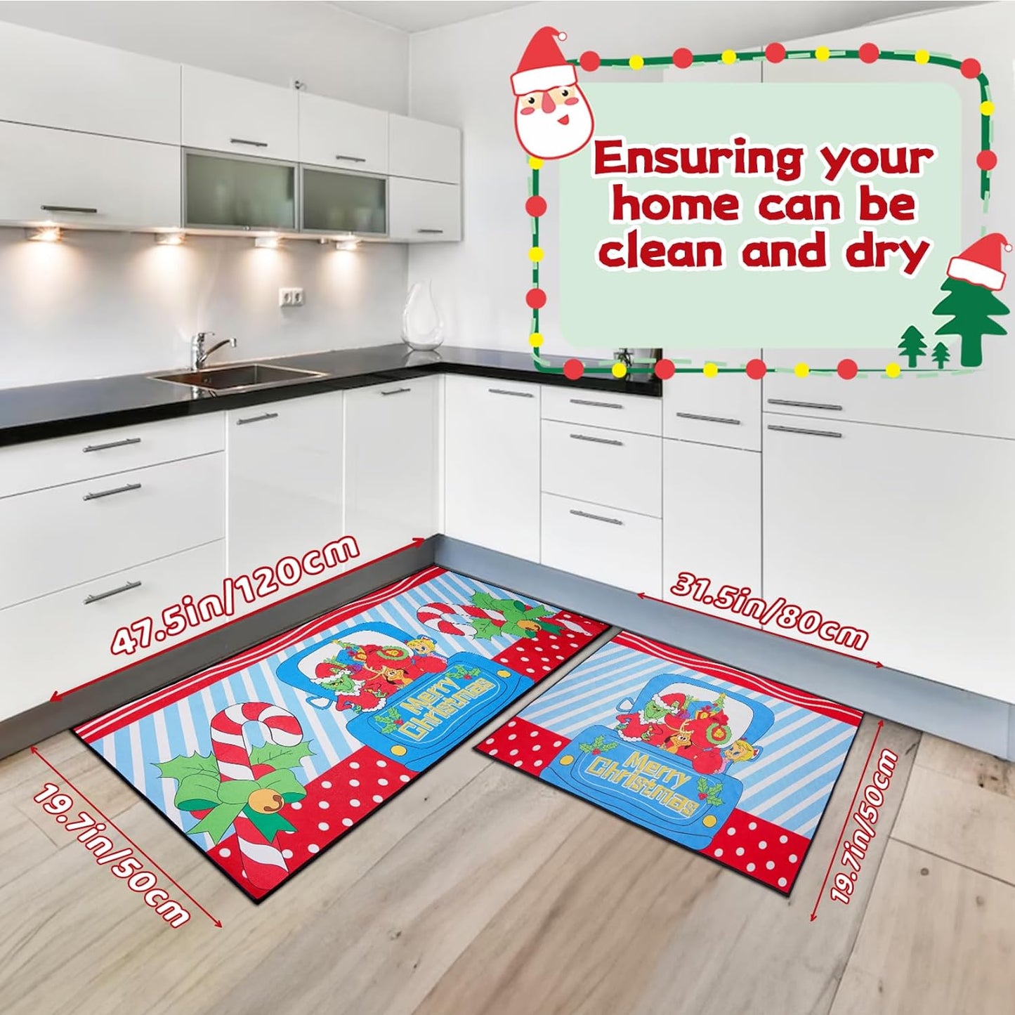 Desdfcer 2PCS Kitchen Mats Set, Christmas Kitchen Floor Mat, Non-slip Kitchen Doormats,Welcome Mat for Indoor Outdoor, Anti-fatigue Kitchen Mats Rugs
