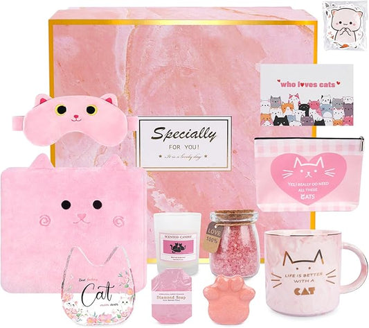 Cat Lover Gifts for Women,Cat Mom Gifts,Gift Box Set for Mom,Best Friends,Pink Cat Themed Gift for Girlfriend Coworker Sister,Birthday,Mothers Day,Christmas