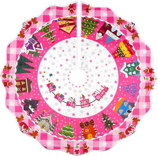 Christmas Tree Skirt,48 Inches Pink Large Xmas Tree Skirt with Snowflake Christmas Tree,Pink Christmas Tree Skirts for Merry Christmas Holiday Party Decorations Indoor Outdoor