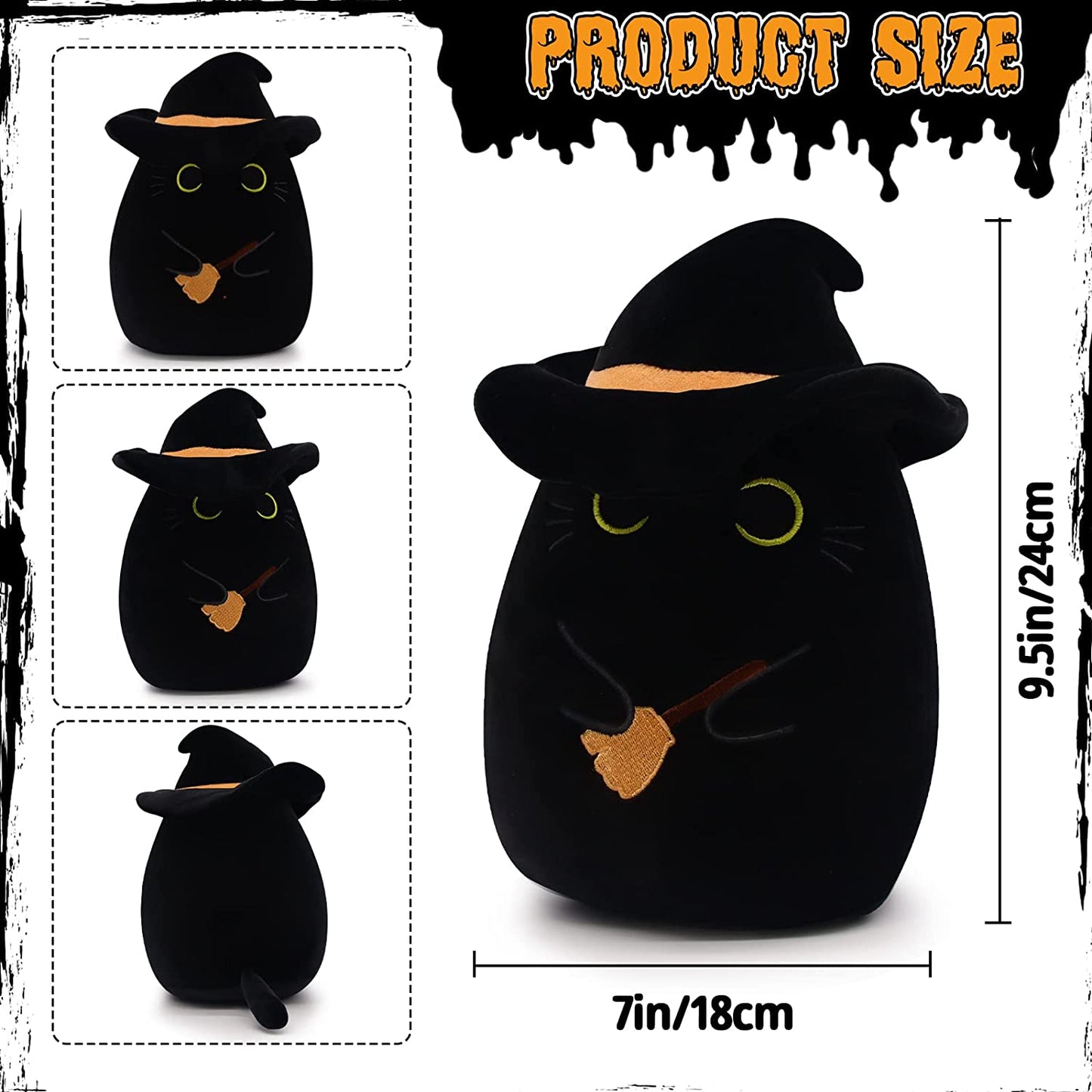 Black Cat Pillow Black Cat Plush Toy, Soft Halloween Plush Cat Toy with Hat, Cute Halloween Plush Witch Black Cat Doll, Kawaii Halloween Witch Cat Plush Gift for Kids Boys Girls