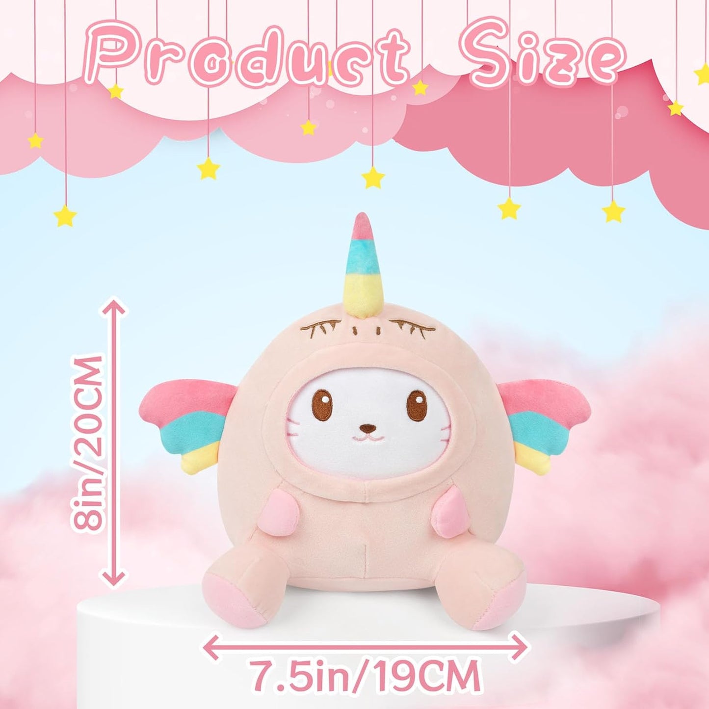 Cute Unicorn Cat Plush Pillow, 8" Cat Plush Stuffed Animal Toy, Soft Unicorn Cat Plushies Doll, Kawaii Plush Cat with Unicorn Costume for Boys and Girls Decorative Gift