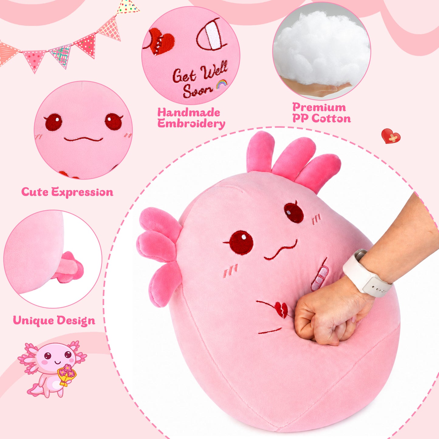 13 Inch Get Well Soon Stuffed Animal, Get Well Gifts for Women Men Kids|Soft Huggable Pink Axolotl Plush Cute Plushies for Kids, Feel Better Gift for Kids Women & Men After Surgery, Get Well Gifts